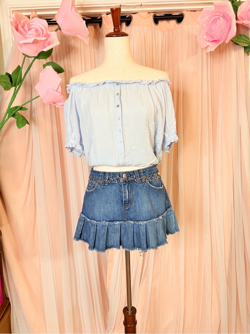 Blue Off Shoulder Ruffle Button Blouse Top S